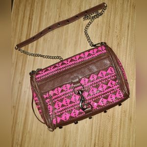 Rebecca Minkoff Pink/Brown Leather Woven Crossbody Gold Stud and Chain Accents.